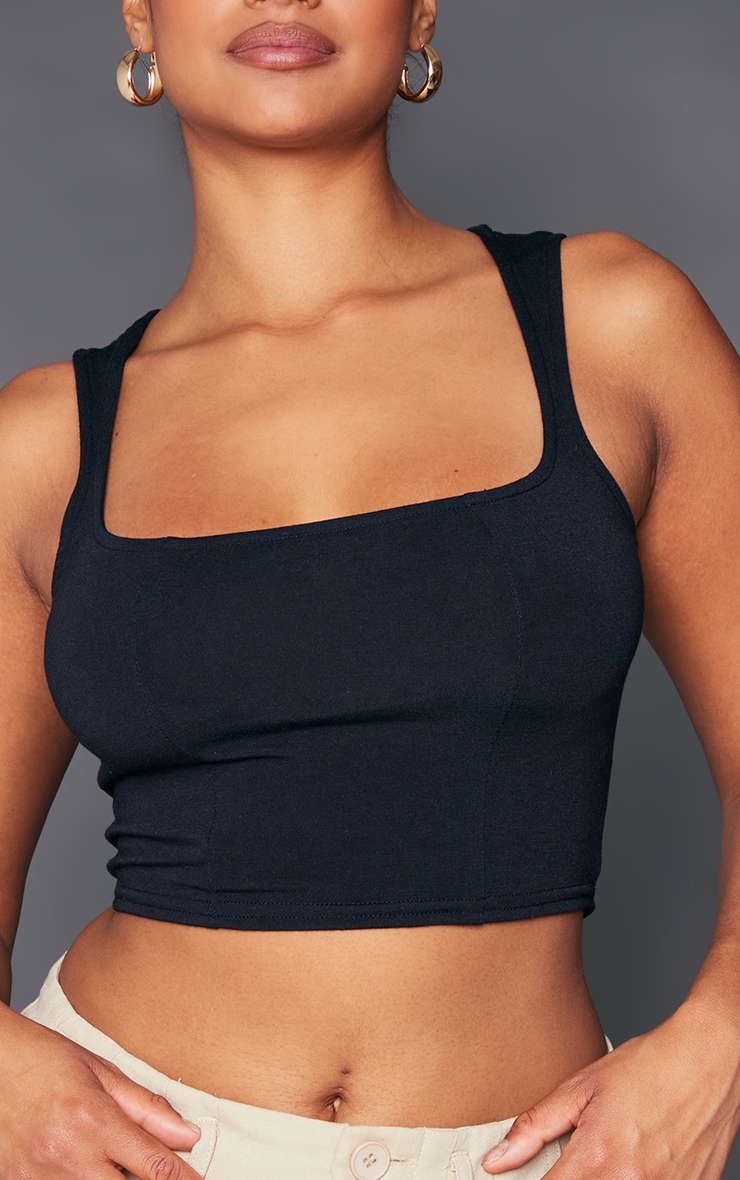 Black Soft Jersey Seam Detail Sleeveless Crop Top image 3