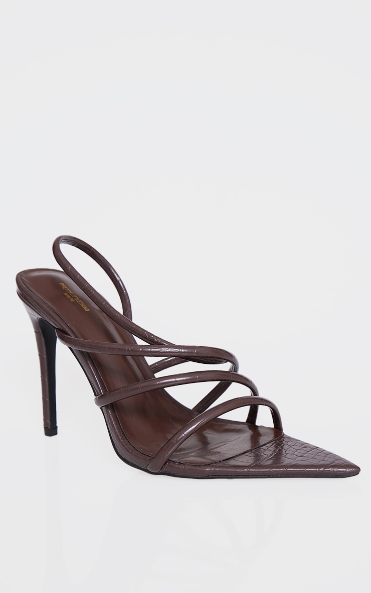 Wide Fit Chocolate Croc Pu Point Toe Asymmetric Strappy High Heeled Sandals image 3