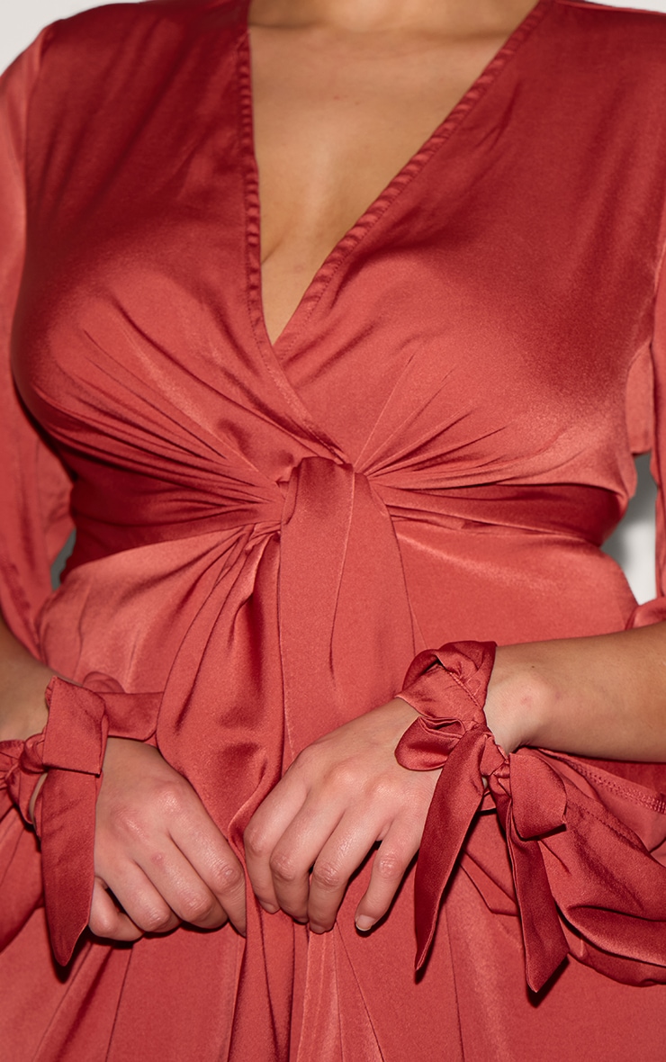 Plus Rust Plunge Neck Satin Twist Front Open Sleeve Wrap Dress image 4