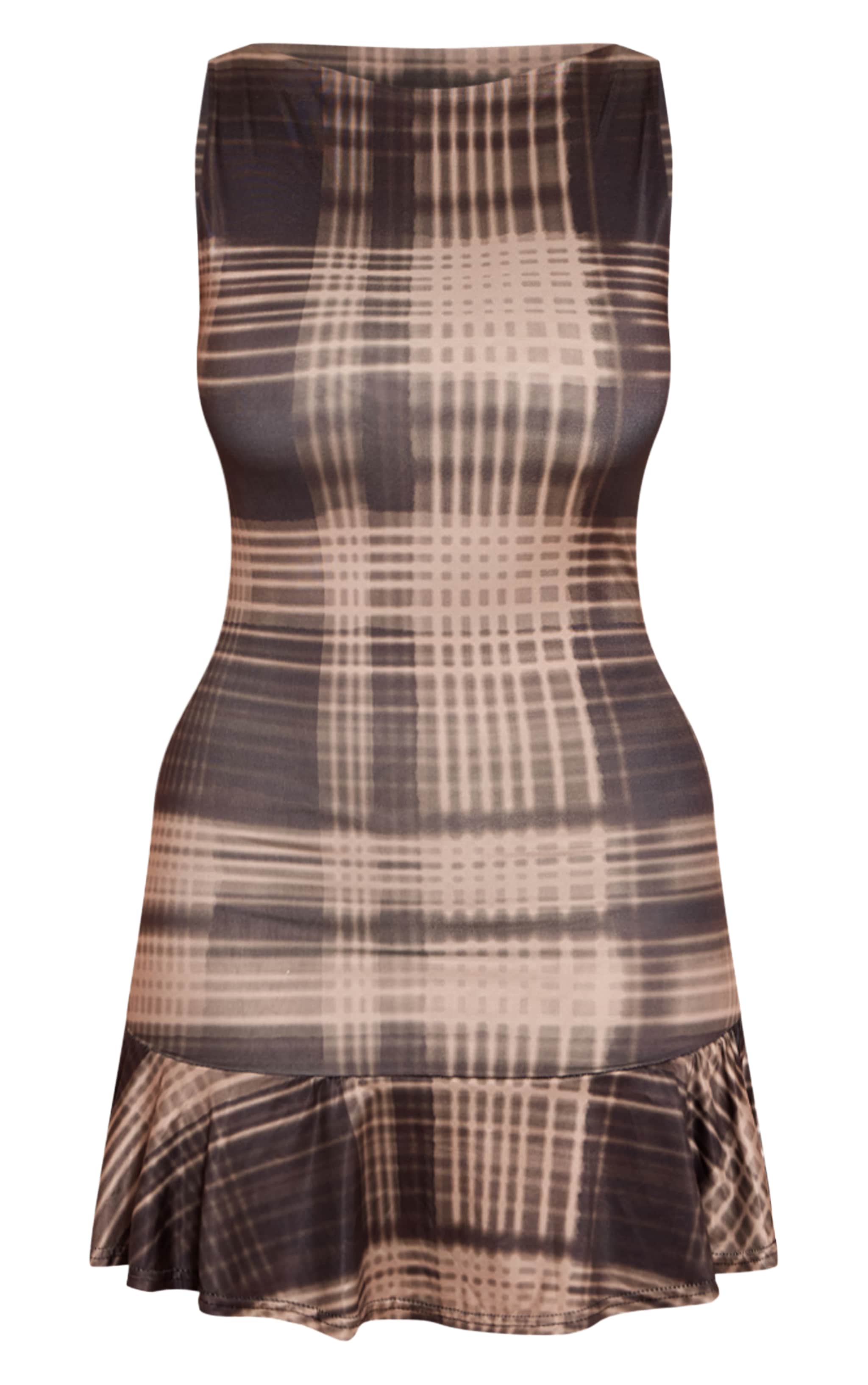 Shape Brown Tartan Print Slinky Frill Detail Sleeveless Mini Dress image 5