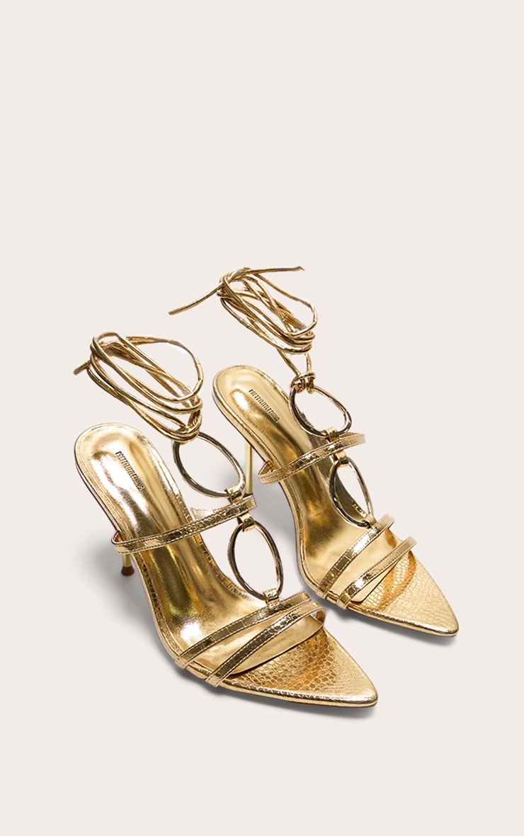 Gold Croc Pu Point Toe Ring Detail Lace Up Heeled Sandals image 2