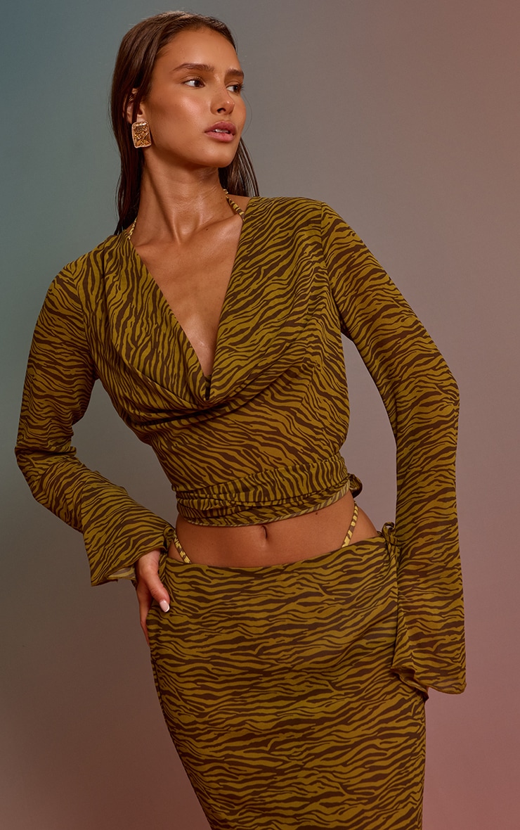 Olive Zebra Printed Chiffon Wrap Waist Beach Top image 1