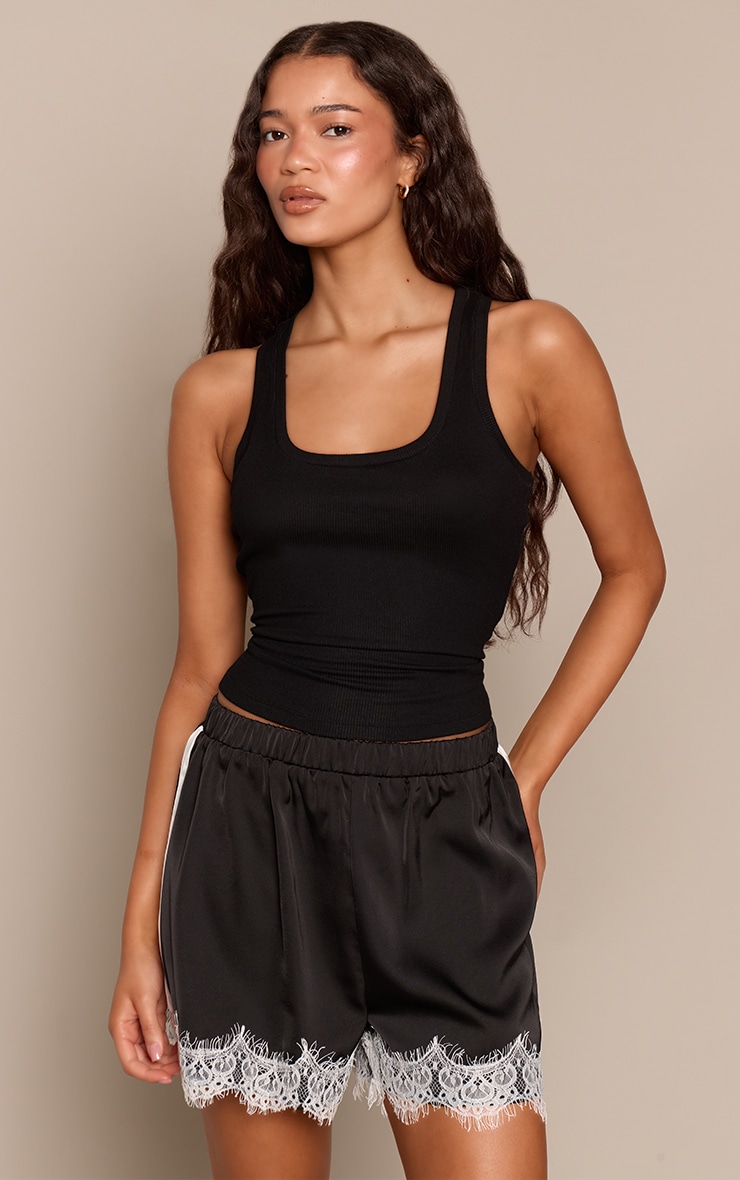 Black Contrast Lace Stripe Waistband Detail Shorts image 4