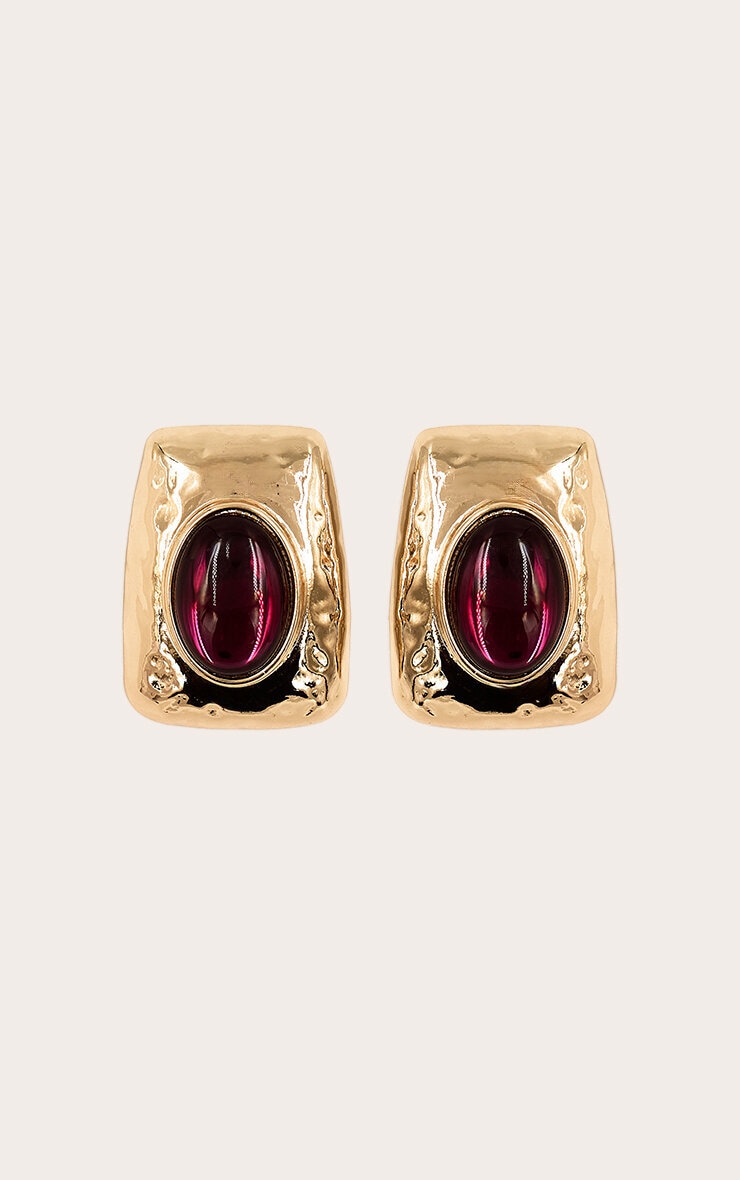 Burgundy Resin Gold Textured Statement Stud Earrings image 2