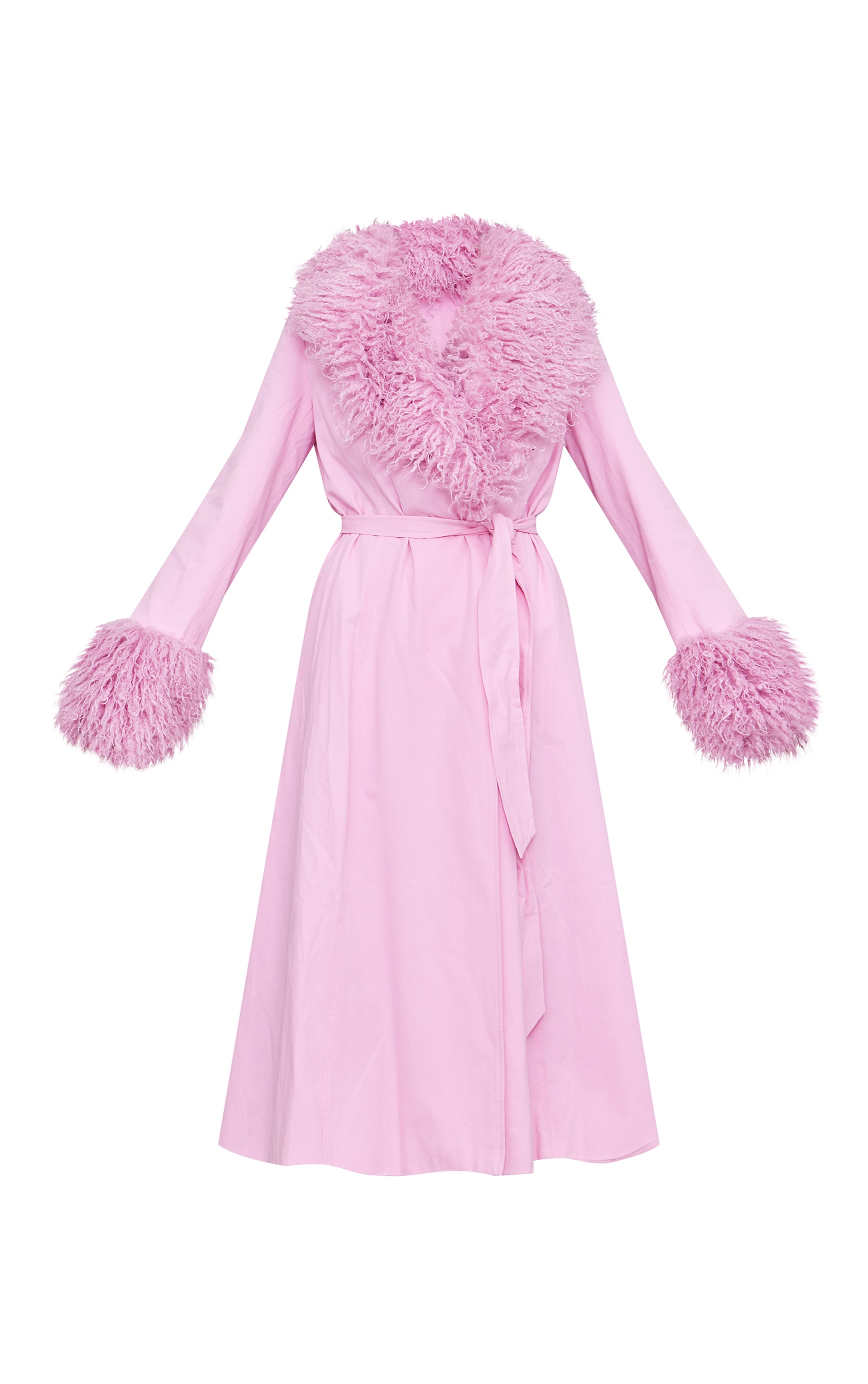 Pink Faux Fur Contrast Collar Self Tie Maxi Coat image 5