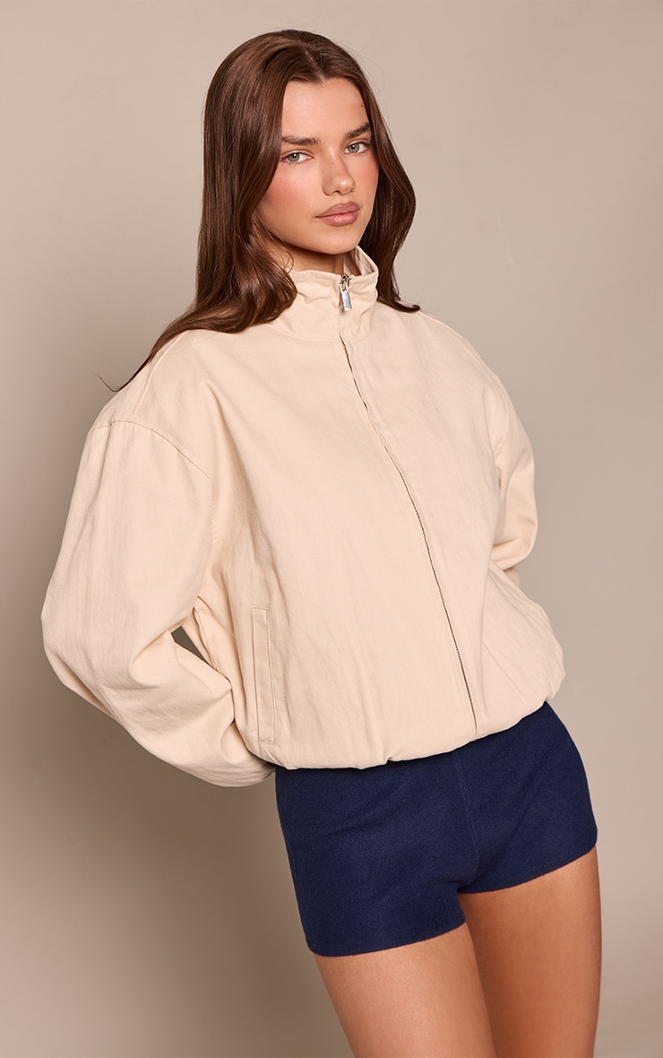 Ecru Zip Up Twill Bomber Jacket