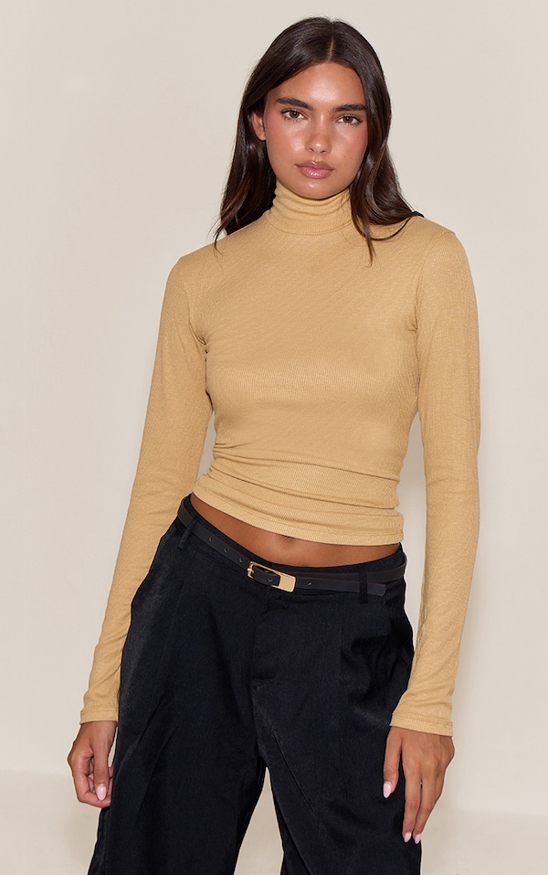 Stone Soft Rib High Neck Fitted Long Sleeved Top