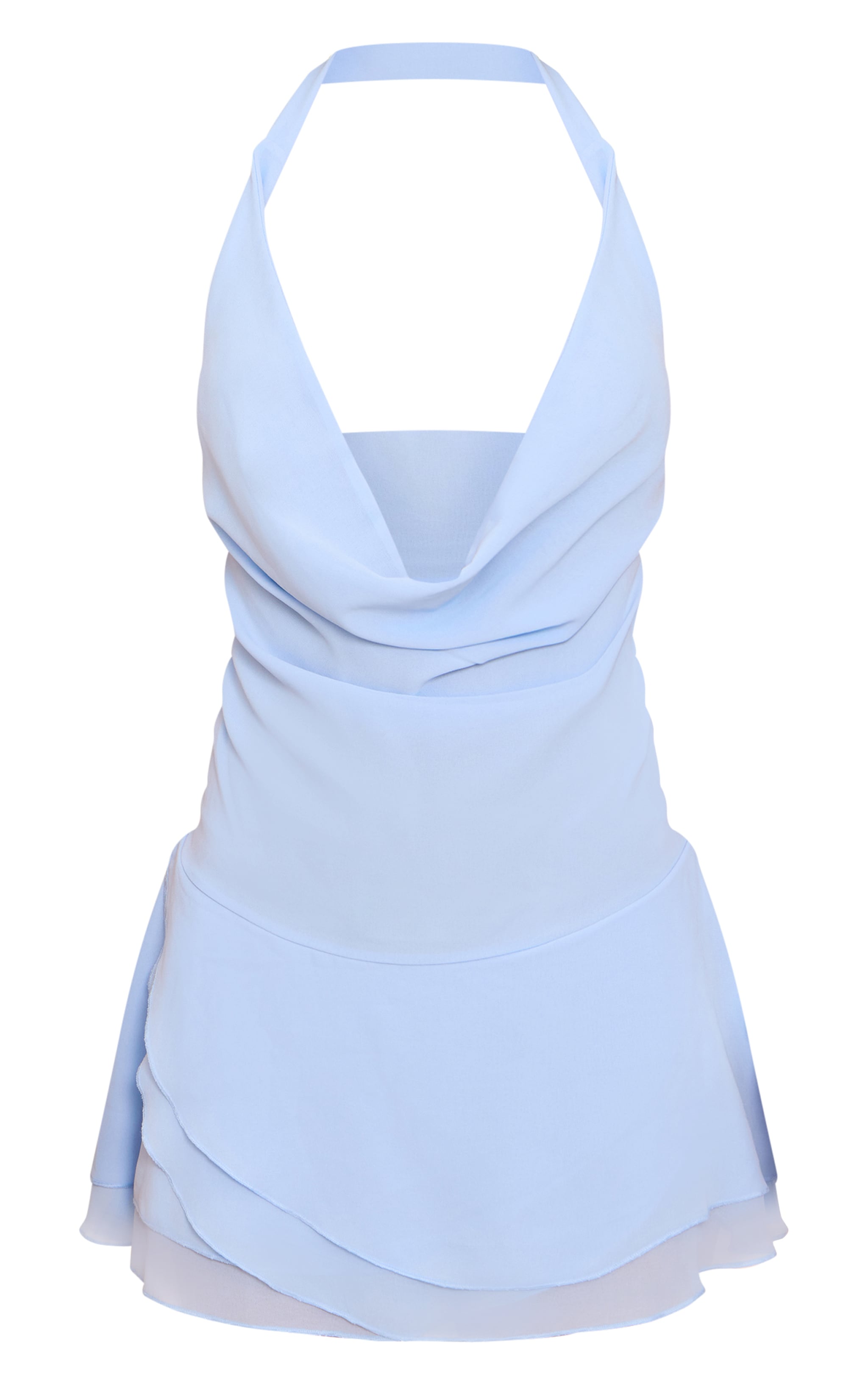 Petite Mini robe en mousseline de soie bleu ciel froncée à détail foulard et col bénitier image 5