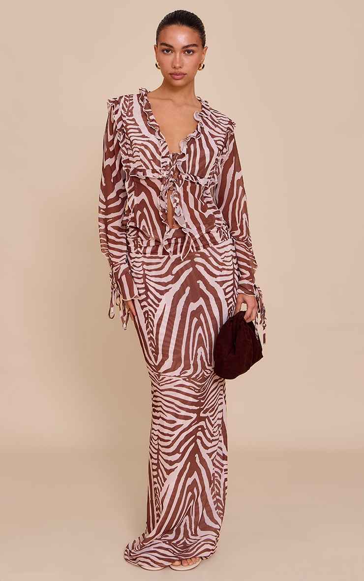Brown Zebra Print Ruched Chiffon Maxi Skirt image 1