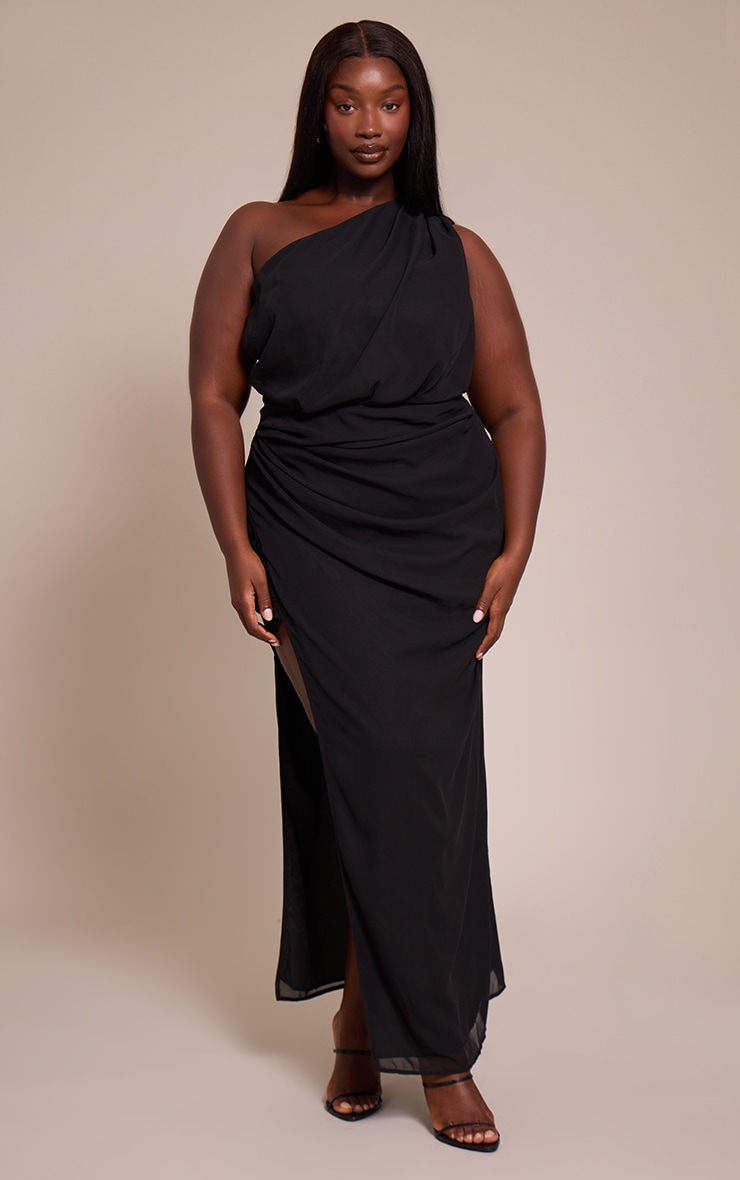 Plus Black Chiffon One Shoulder Maxi Dress image 1