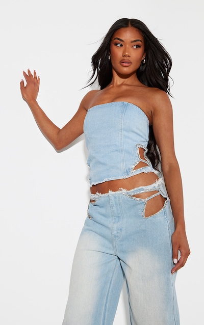 Light Blue Wash Frayed Waist Diamante Detail Corset Denim Top