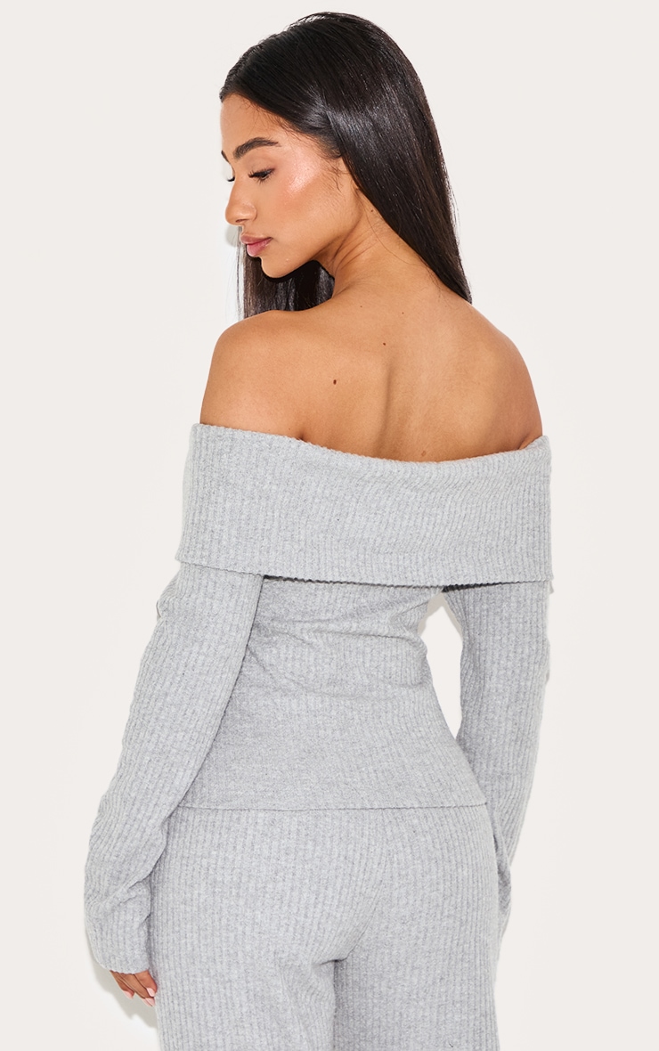 Petite Grey Ribbed Bardot Long Top image 2