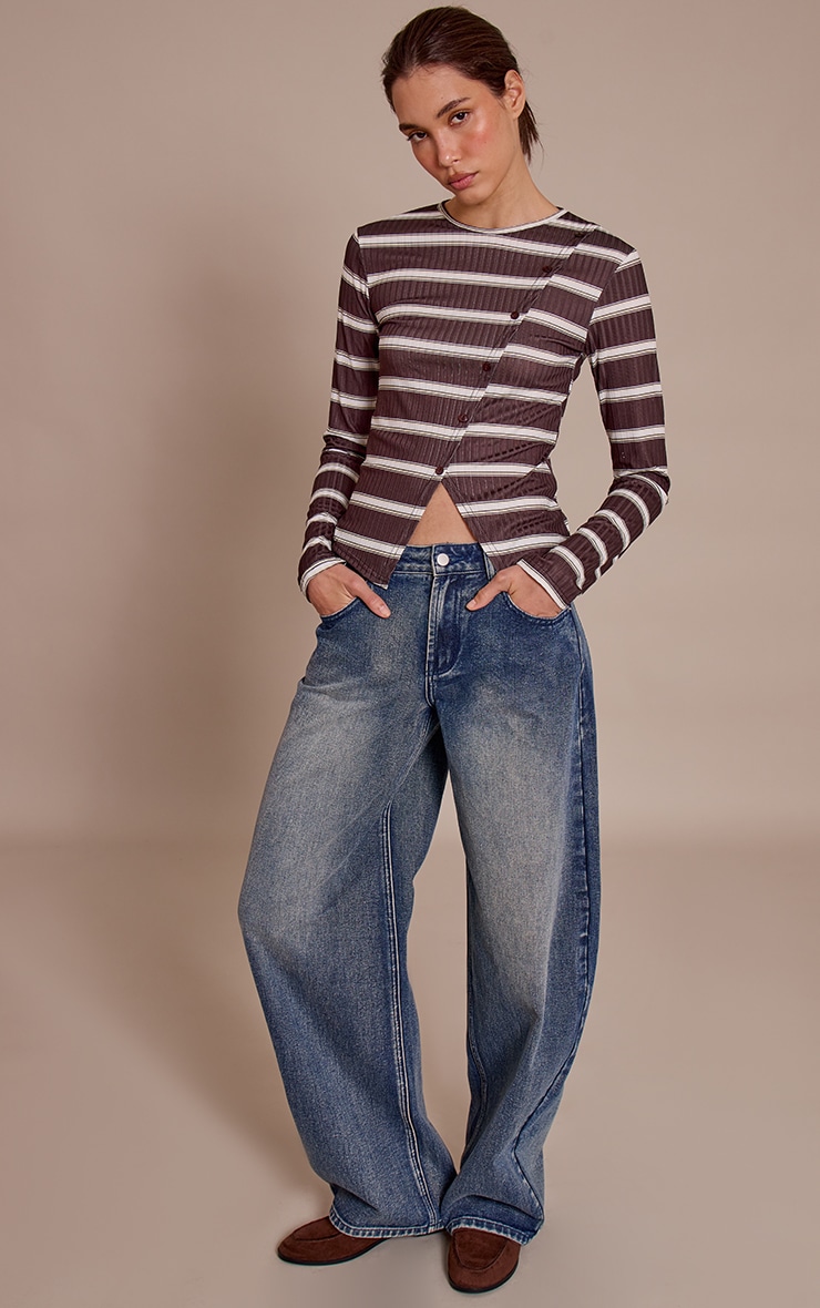 Chocolate Stripe Rib Asymmetric Button Down Top image 3