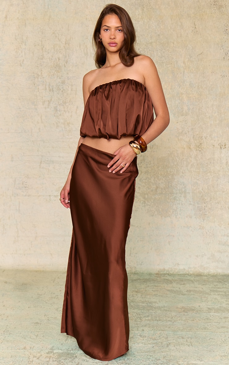 Chocolate Brown Satin Mid Rise Maxi Skirt image 1