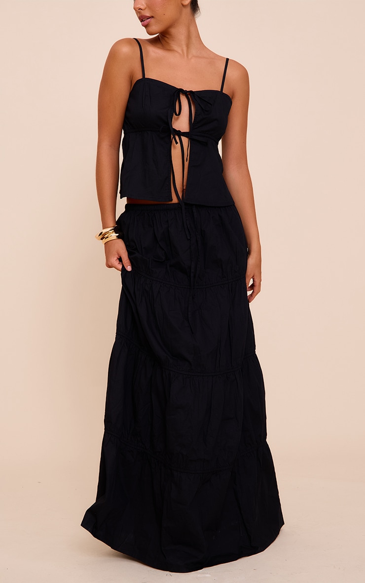 Black Cotton Poplin Drawstring Tired Floaty Maxi Skirt image 2