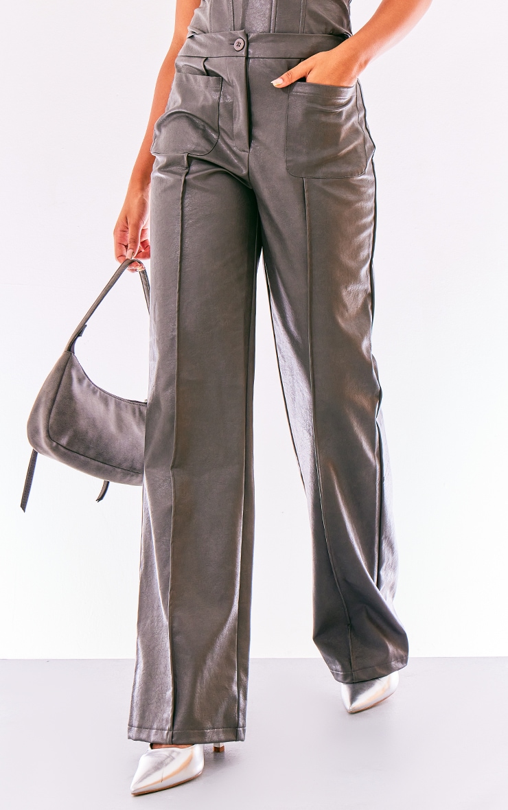 Charcoal Washed Faux Leather Front Pocket Wide Leg Trousers image 2