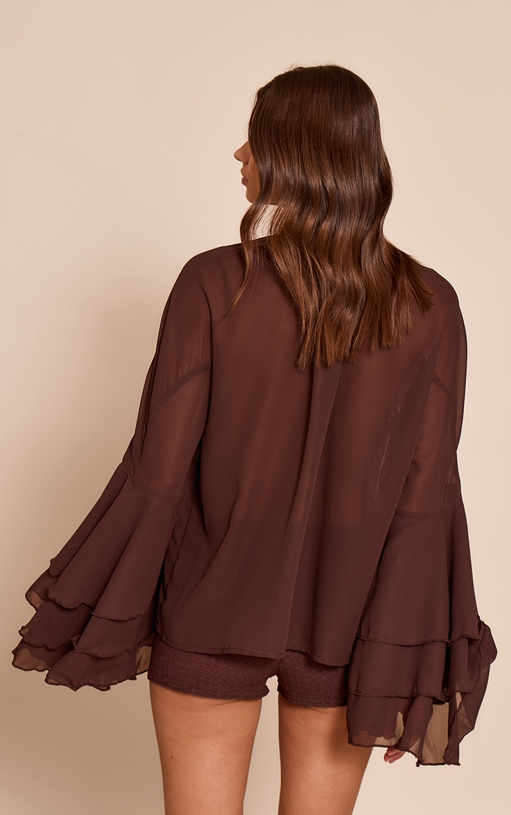 Chocolate Chiffon High Neck Ruffle Sleeve Detail Blouse image 2