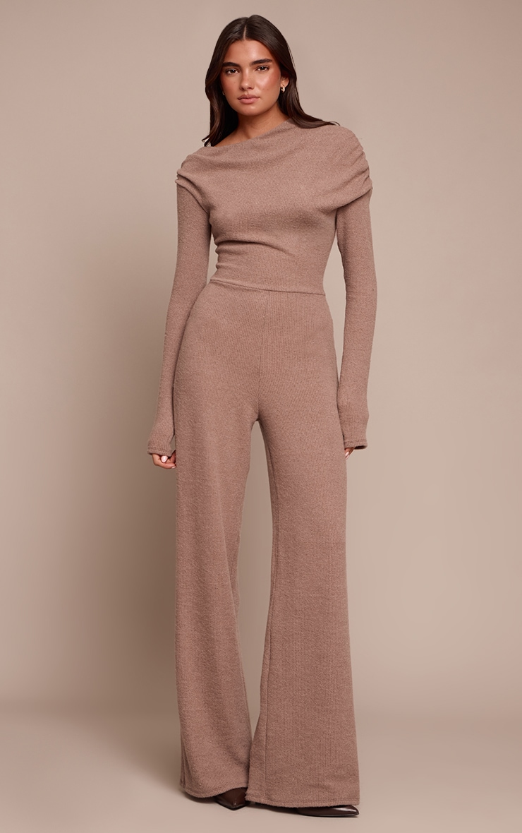 Oatmeal Ribbed Asymmetric Neck Wide Leg Jumpsuit image 1