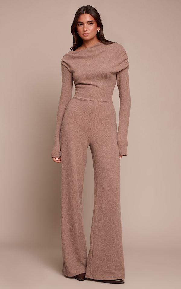 Oatmeal Ribbed Asymmetric Neck Wide Leg Jumpsuit