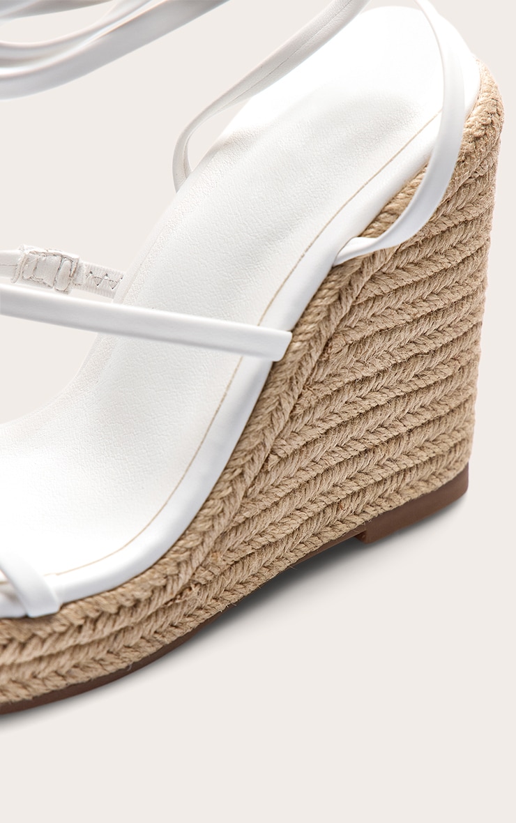 White Pu Square Toe Espadrille Lace Up High Heeled Wedges image 5