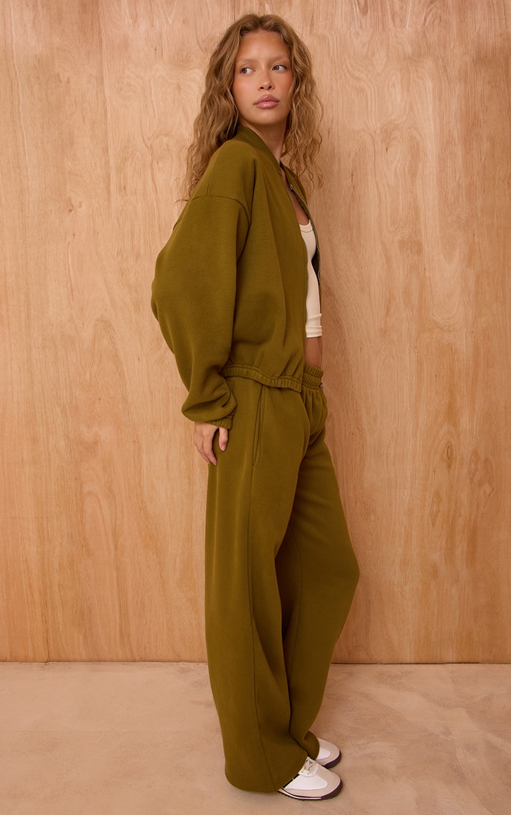 Olive Cotton Fleece Bomber Jacket image 3