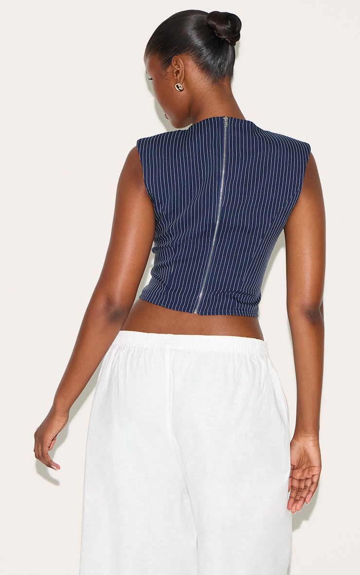 Navy Striped Cotton Tailored Sleeveless Top image 2
