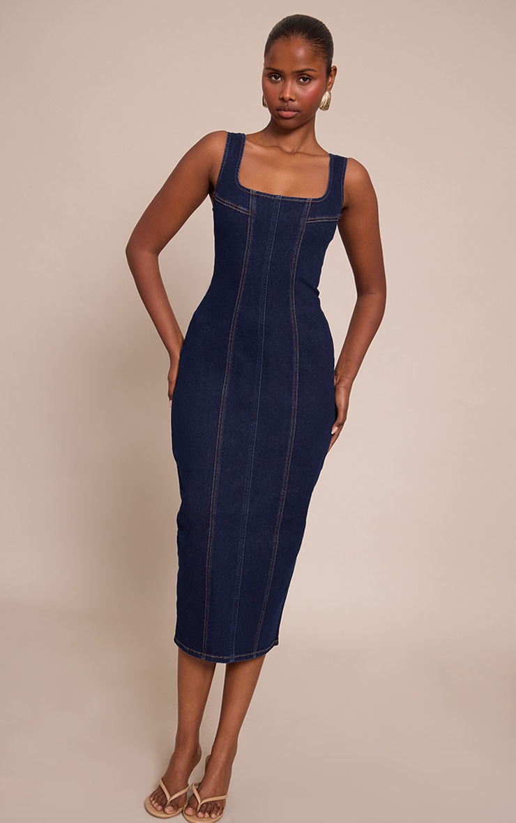 Indigo Bodycon Seam Detail Denim Maxi Dress image 3