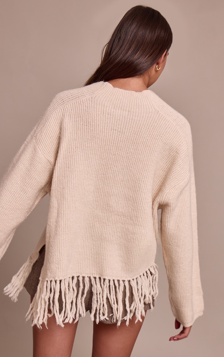 Beige Round Neck Fringe Hem Oversized Sweater image 2