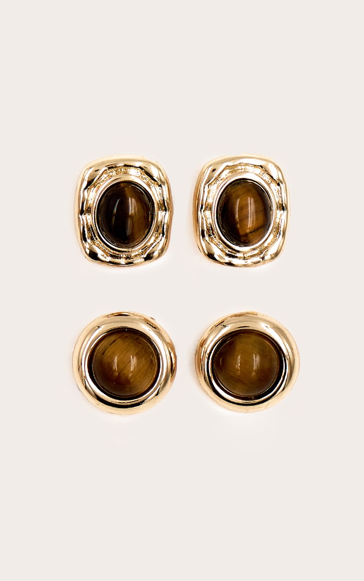 Gold Smooth Small Brown Resin Stud Earring Multipack image 2