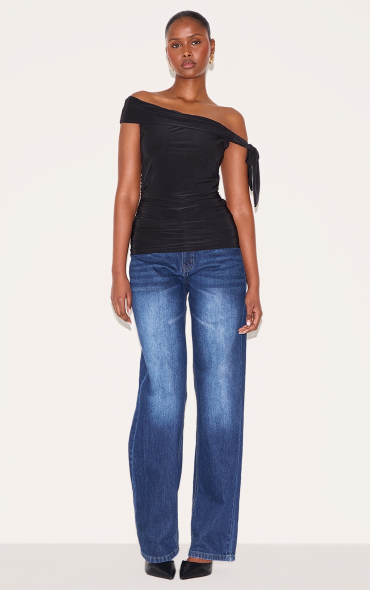 Black Double Layer Slinky Tie Shoulder Bardot Long Top image 3