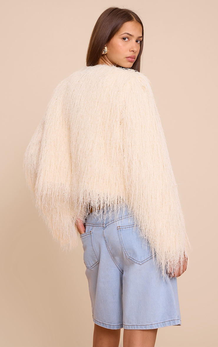 Cream Collarless Fringe Jacket image 2