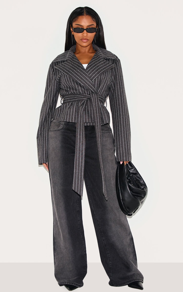 Shape Grey Wool Look Pinstripe Belted Jacket | Shape | PLT