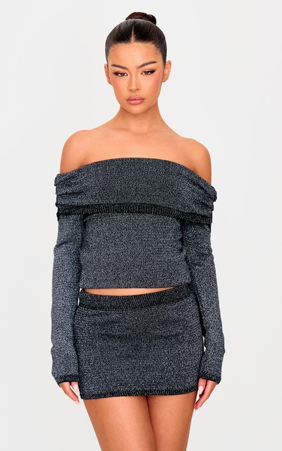 Black Lurex Knit Bardot Top