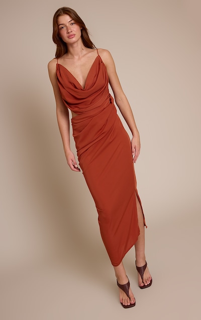 Burnt Orange Chiffon Drape Cut Out Midi Dress