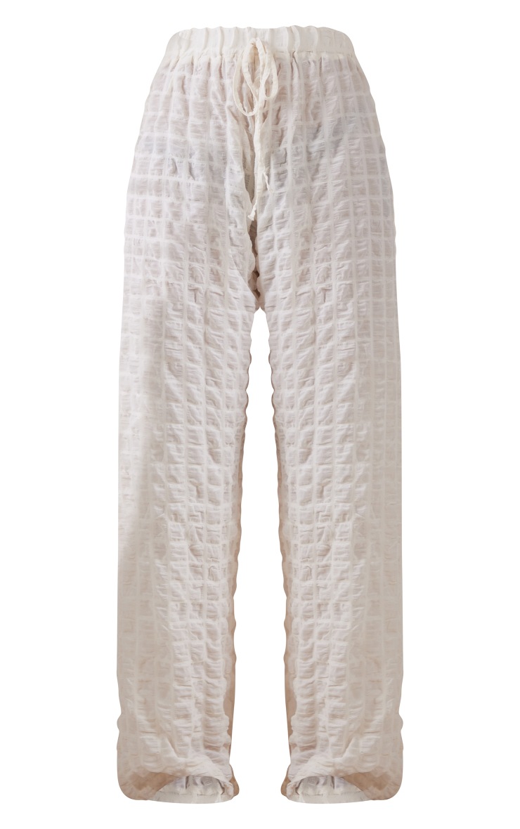 Tall Cream Bubble Textured Drawstring Flared Trousers image 5