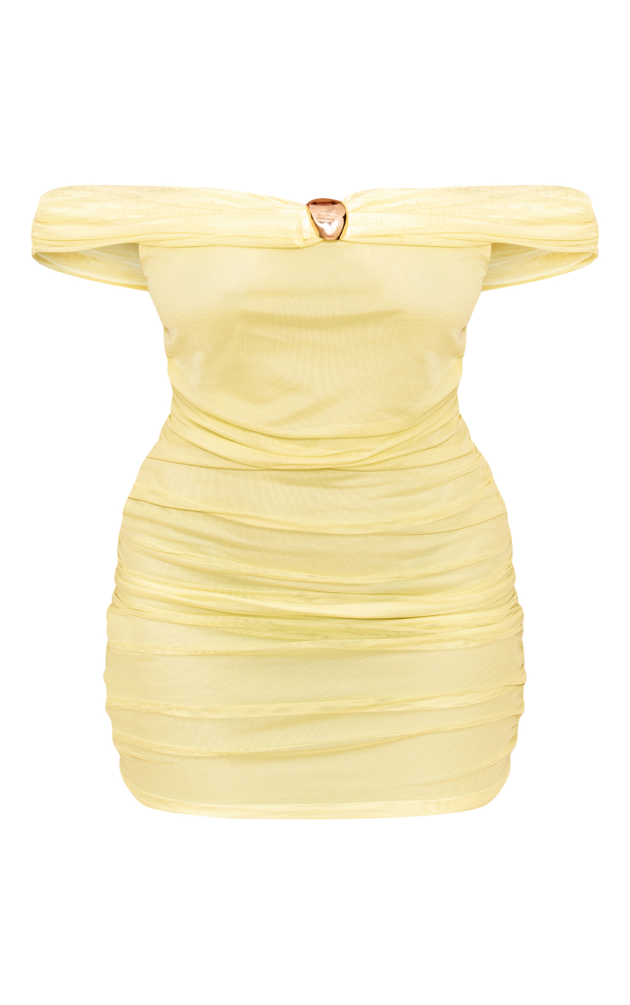 Shape Butter Yellow Mesh Bardot Gold Trim Ruched Mini Dress image 5