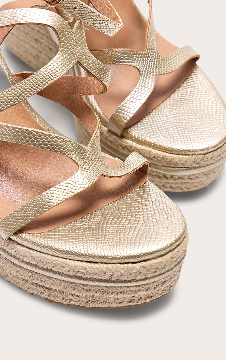 Gold Metallic Snake Strappy Heeled Wedges image 4