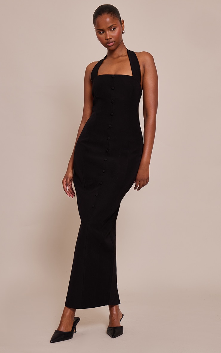 Black Woven Halter Button Maxi Dress image 3