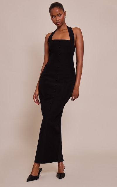 Black Woven Halter Button Maxi Dress