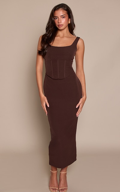 Robe longue corset tissée chocolat