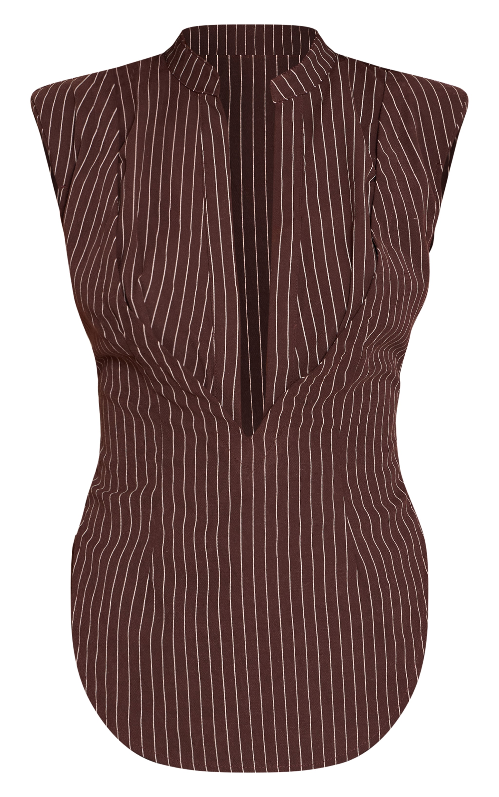 Brown Striped Shoulder Padded Fitted Sleeveless Shirt  image 5