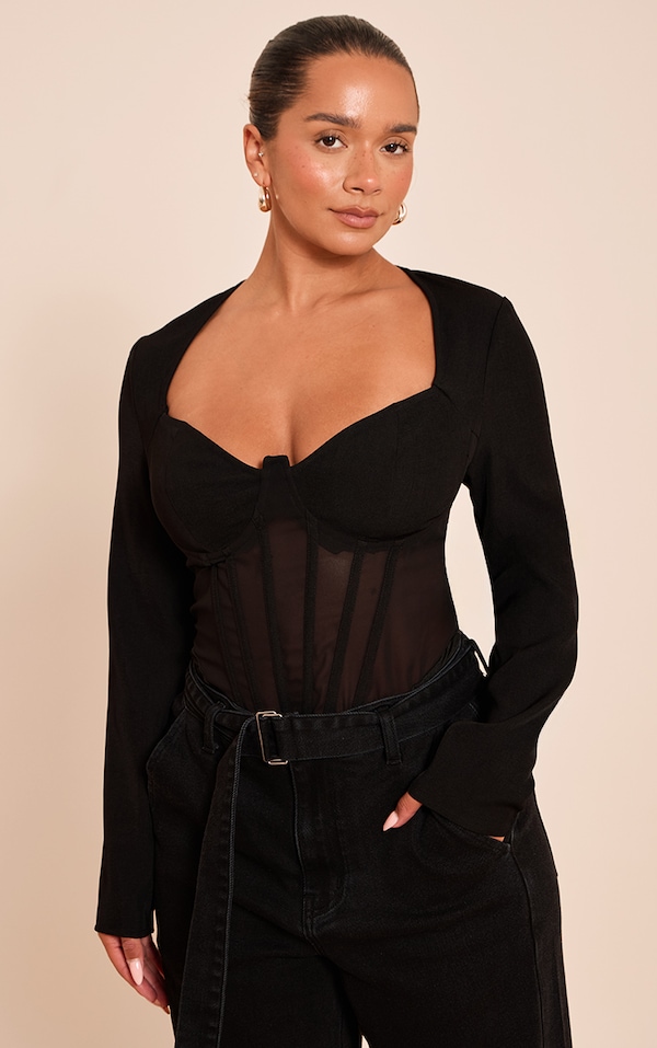 Shape Black Mesh Long Sleeve Corset Bodysuit