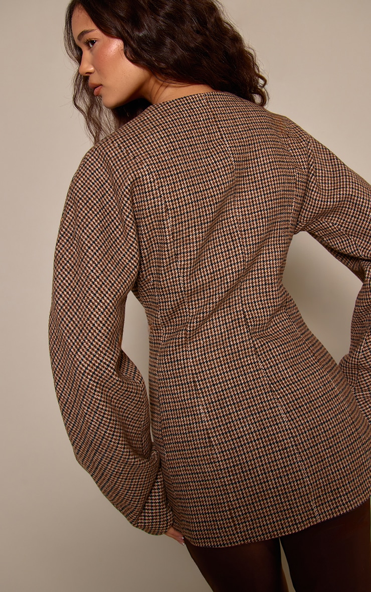 Chocolate Checked Collarless Cocoon Sleeve Blazer image 2