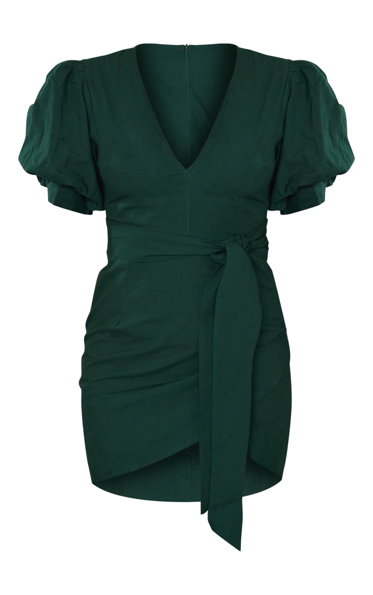 Emerald Green Woven Puff Sleeve Tie Wrap Bodycon Dress image 5