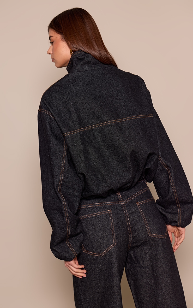 Raw Indigo Funnel Neck Concealed Placket Denim Jacket  image 2