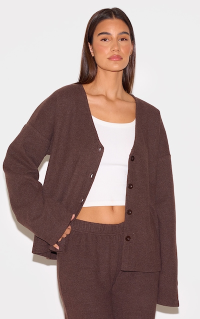 Brown Heavy Brushed Rib V Neck Button Up Cardigan