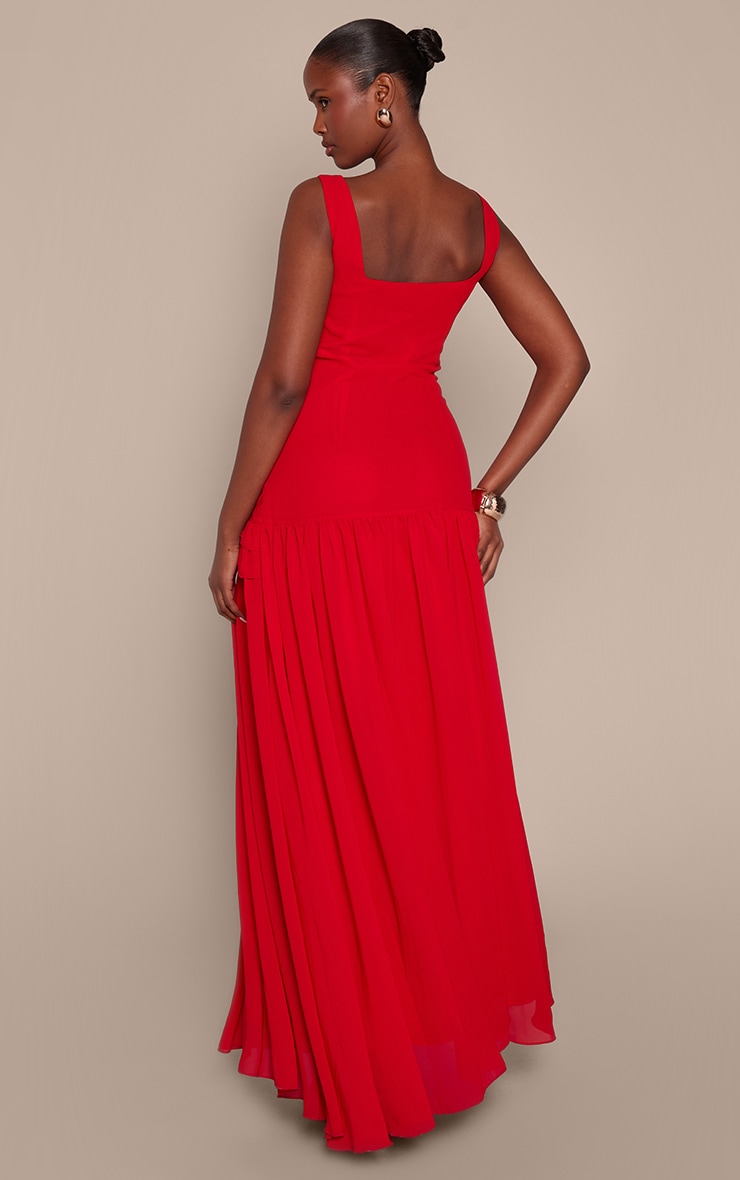 Robe longue en mousseline de soie rouge froncée à volants image 2