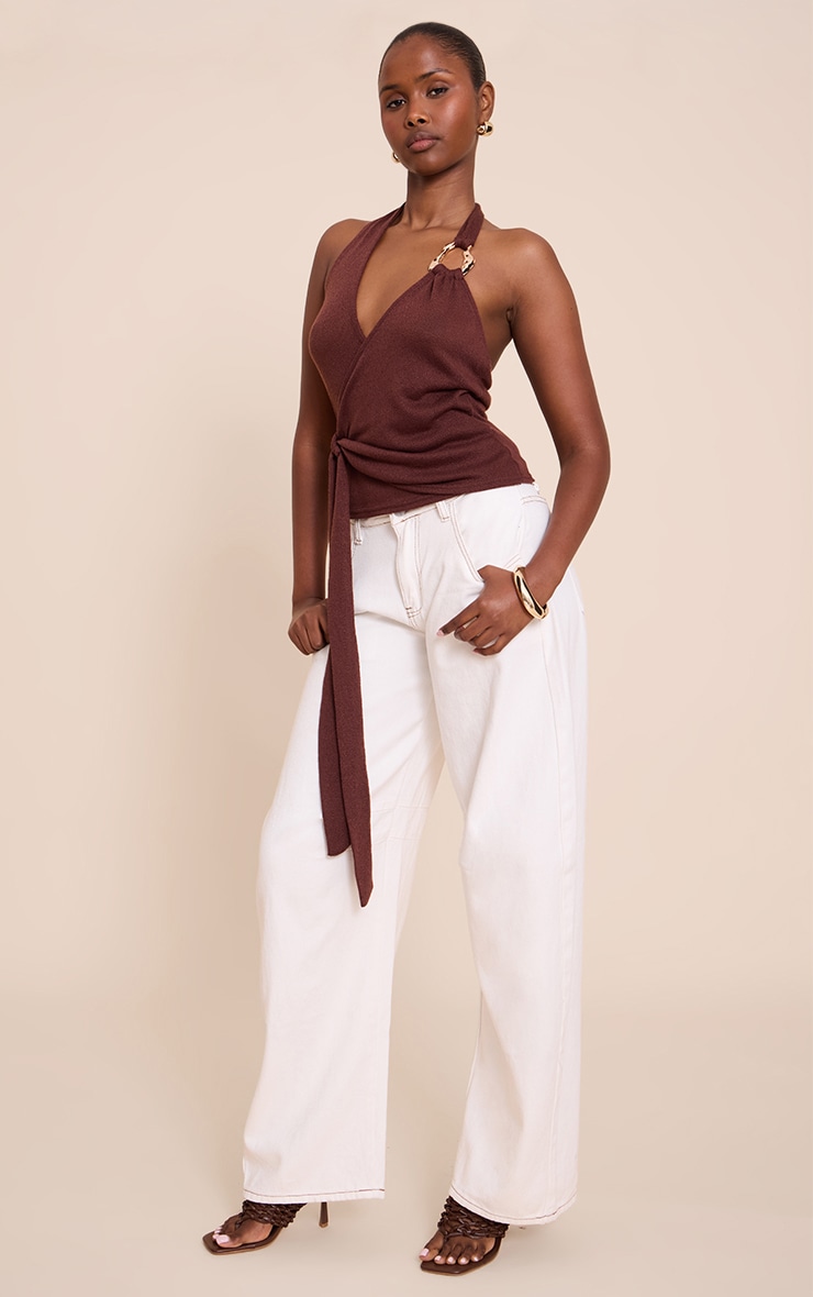 Chocolate Tie Detail Halter Neck Trim Knit Top image 3