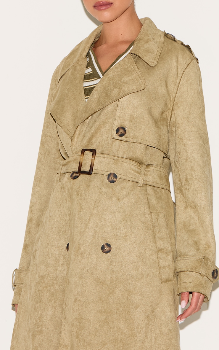 Khaki Mid Length Faux Suede Trench Coat image 4