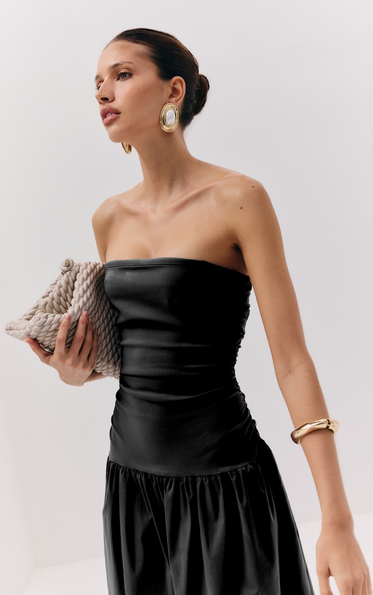 Robe bustier longue tissée stretch noire froncée image 7